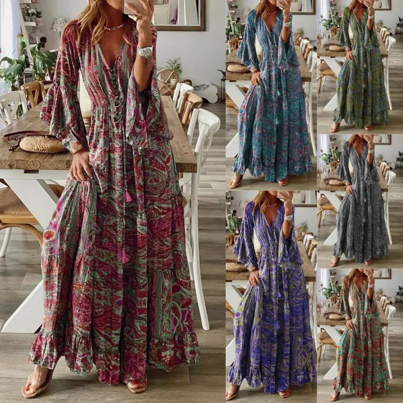 Floral Print Bohemian V-Neck Dress