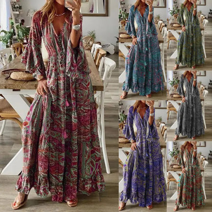Floral Print Bohemian V-Neck Dress