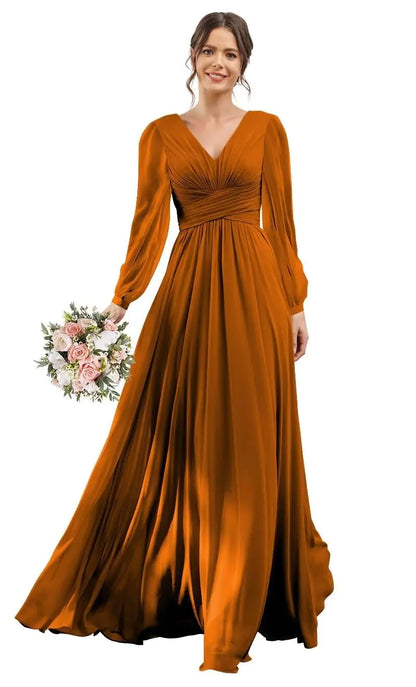 V-Neck Burnt Orange Chiffon Bridesmaid Dress