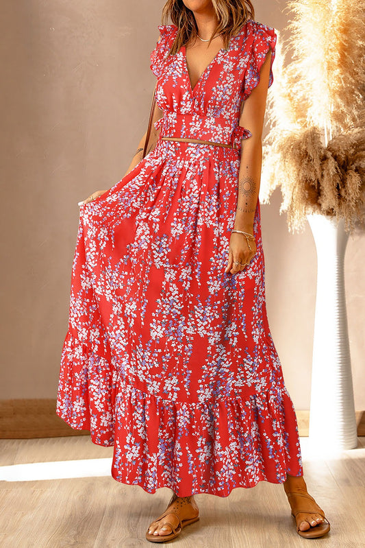 2 Piece Floral Crop Top Matching Boho Skirt