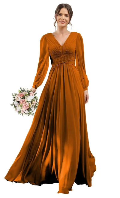 V-Neck Burnt Orange Chiffon Bridesmaid Dress