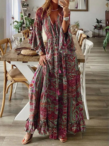 Floral Print Bohemian V-Neck Dress
