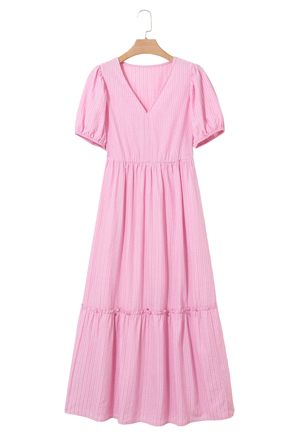 Pink Stripe V Neck Puff Short Sleeve Maxi Dress
