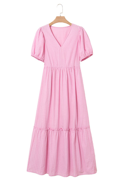 Pink Stripe V Neck Puff Short Sleeve Maxi Dress