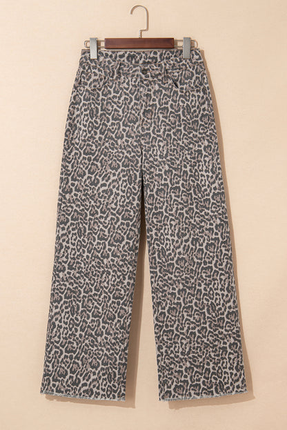 Brown Leopard Frayed Edge Wide Leg High Waist Jeans