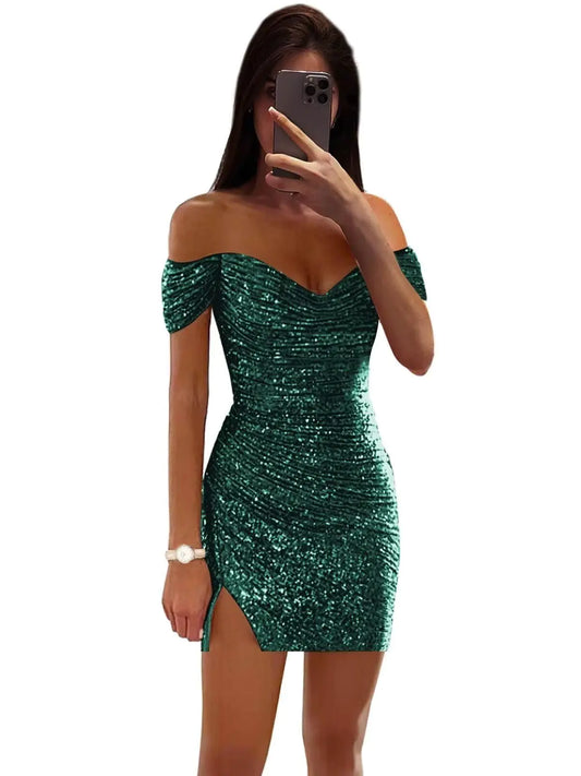Vestido de fiesta con lentejuelas verde azulado de JAKIPPY 2025: vestido de fiesta con corsé y hombros descubiertos para jóvenes | Vestido de fiesta corto y brillante para bailes y eventos formales