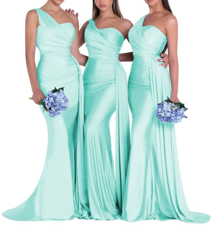 Vestidos de dama de honor de sirena con un solo hombro, de satén fruncido, ajustados, formales, de noche, en azul turquesa, talla 14