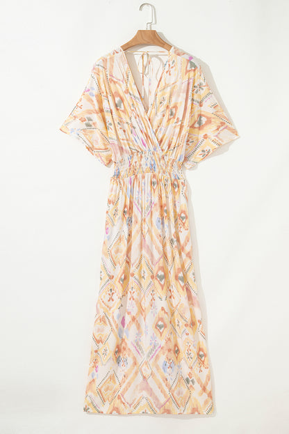 Multicolour Geometric Print Half Sleeve Shirred High Waist Maxi Dress