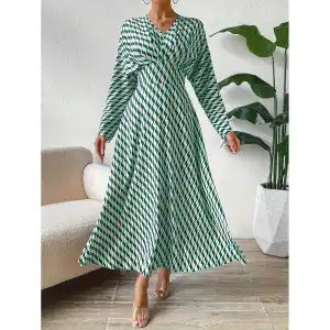 Geometric Printed V-neck Long-sleeved, Cinched-waist Elegant Office Clothing