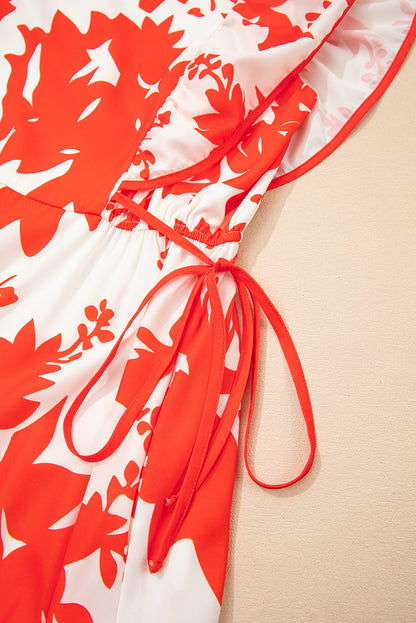 Red Floral Print Trimmed V Neck Ruffle Sleeve Long Dress