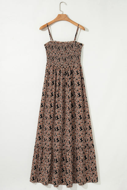 Brown Floral Smocked Bodice High Waist Flowy Sun Dress