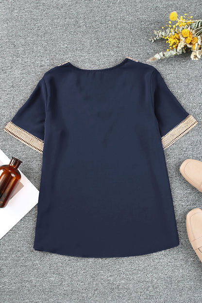 Blue Lace Trim V Neck Short Sleeve Blouse