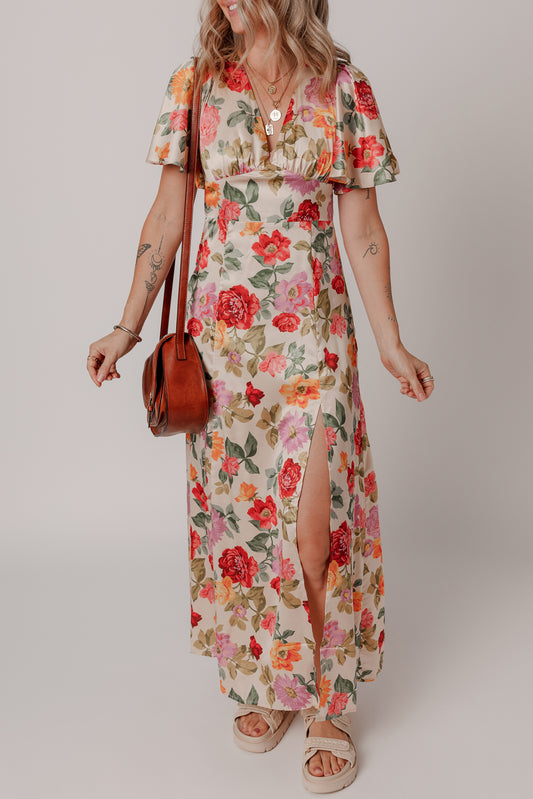 Vestido vintage multicolor con estampado floral, escote en V, manga corta, lazo en la espalda y abertura larga