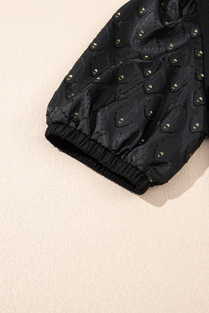 Black Feather Bubble Sleeve Patchwork Textured Blouse