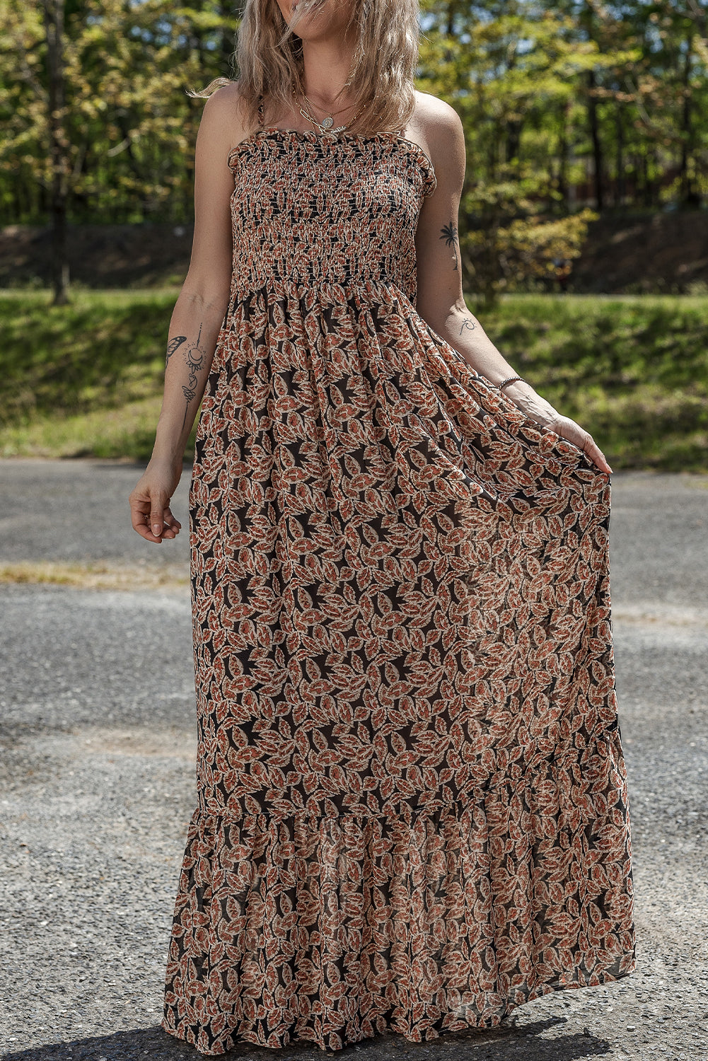 Brown Floral Smocked Bodice High Waist Flowy Sun Dress