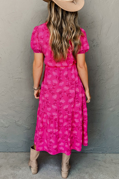 Vestido midi fluido con cordón y plisado con estampado floral en rojo rosa