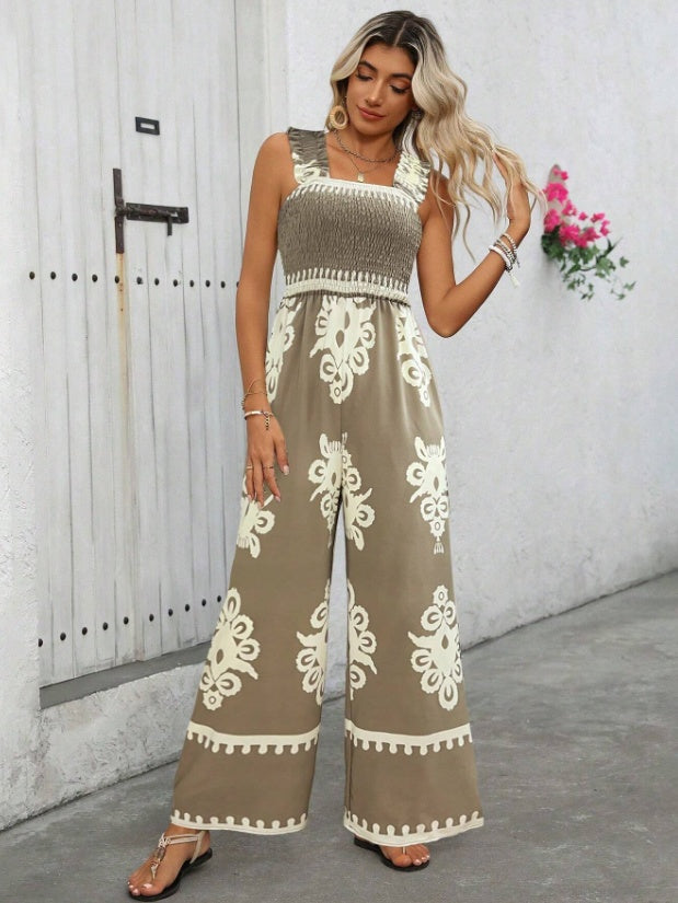 Women's Casual Sleeveless Printed Wide Leg Jumpsuit