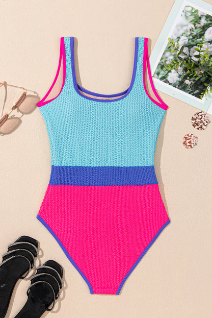 80's Style Rose Red Textured Color Block Patchwork One Piece Swimsuit