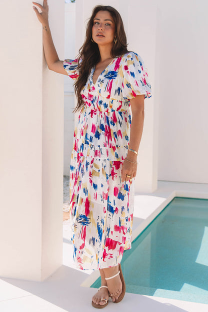 Rose Abstract Print Short Puff Sleeve Tiered Maxi Dress