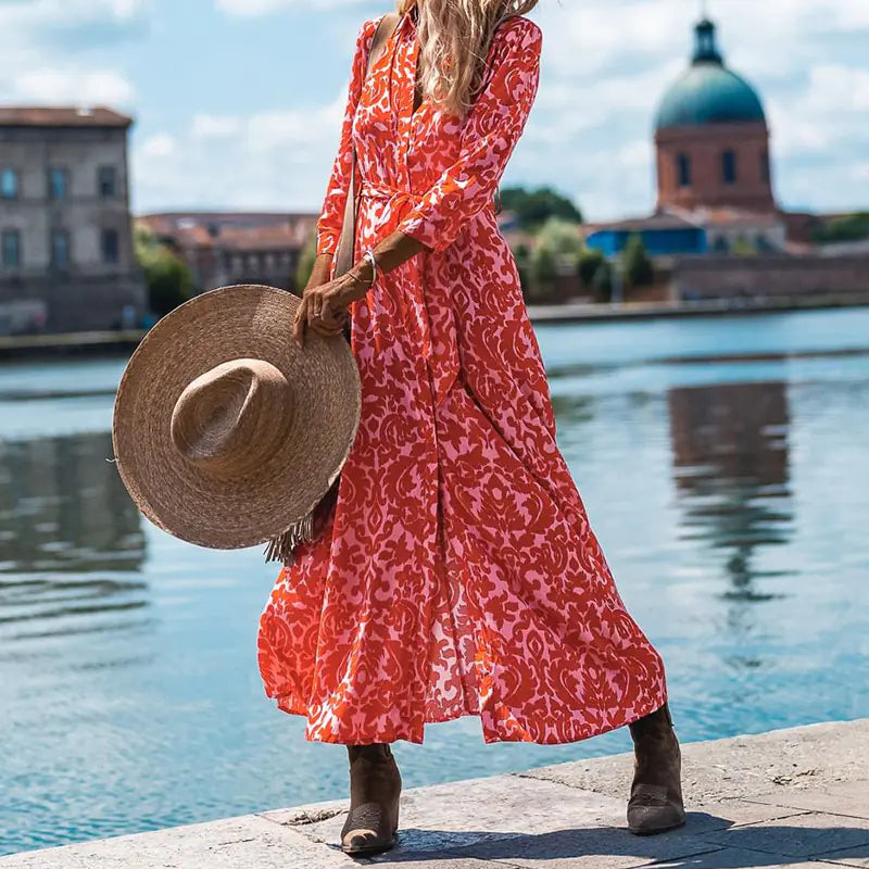 Trendy Print Lace-up Waist Dress