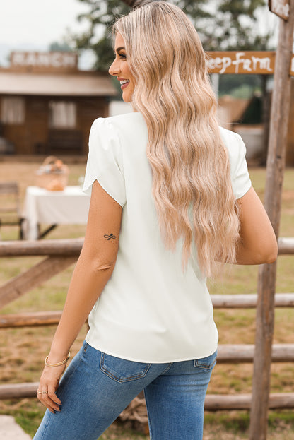 White Silky Notched Neckline Petal Sleeve Blouse
