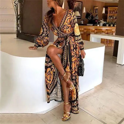 New Bohemian Vintage V-Neck Floral Maxi Dress