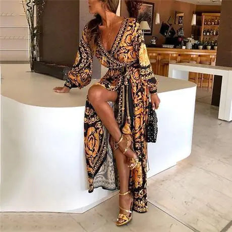 New Bohemian Vintage V-Neck Floral Maxi Dress