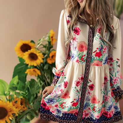 Vestido camisero mini de cintura alta con botones y estampado floral color albaricoque