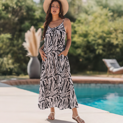 Black Abstract Print Open Back Boho Loose Maxi Sundress