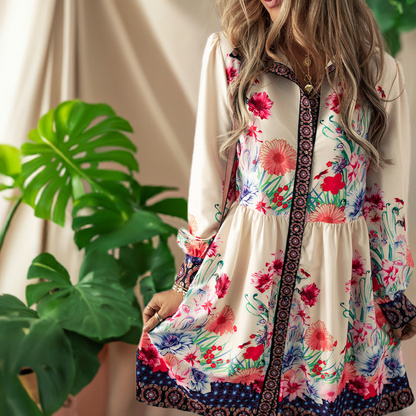 Vestido camisero mini de cintura alta con botones y estampado floral color albaricoque