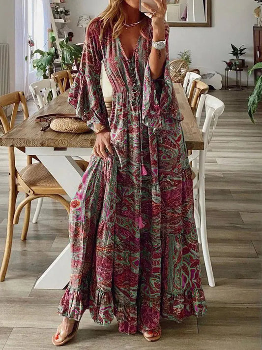 Floral Print Bohemian V-Neck Dress