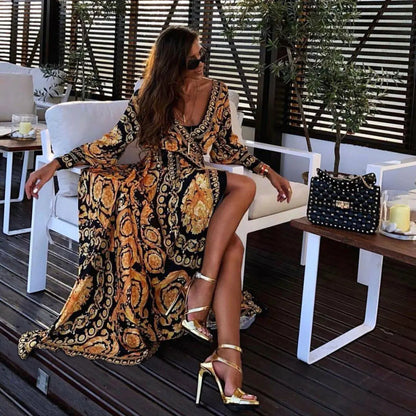 New Bohemian Vintage V-Neck Floral Maxi Dress