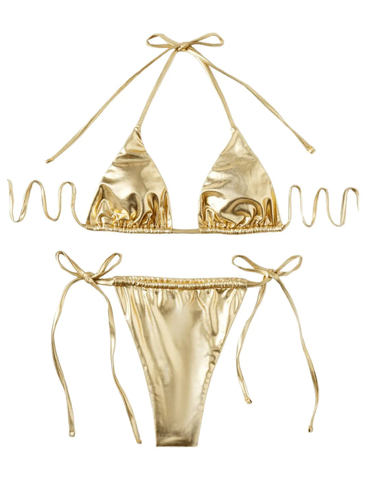 Verdusa Gold Glitter Triangle Bikini Set Large