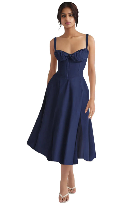 Navy Sleeveless Floral Midi Dress with Lace-Up Back