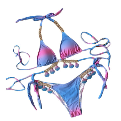 Colf Womens Rhinestone Halter Bikini Swimwear (Purple, Medium)
